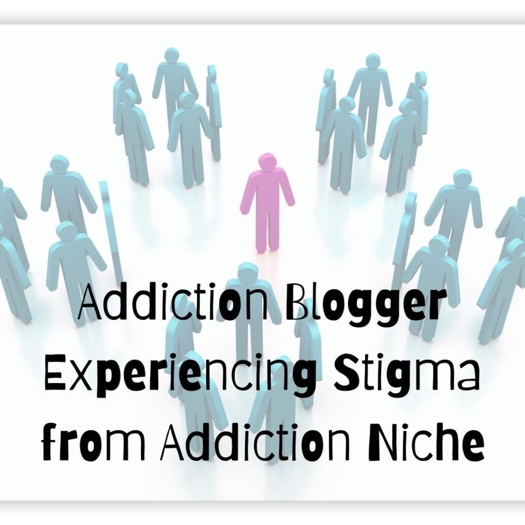 Multiple groups of people figures, all blue standing around 1 pinkish figure representing addiction blogger stigma and being left out