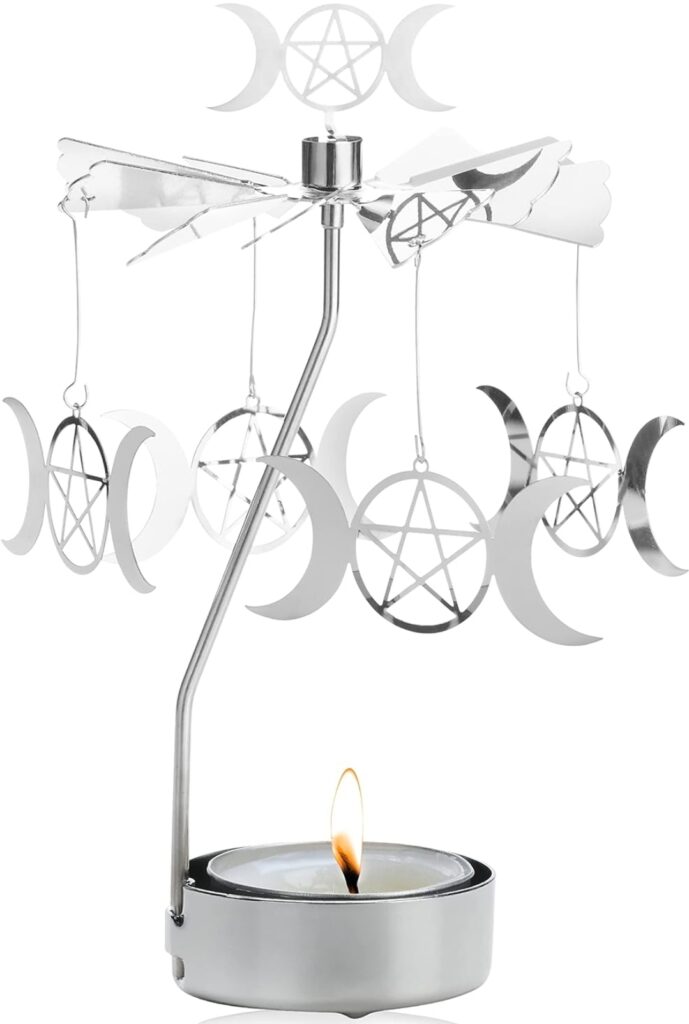 Spinning Tea Light Candle Holder, Silver Triple Moon Carousel Candle Spinner